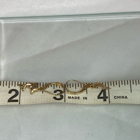 14K YELLOW GOLD dolphin dangle dainty earrings REAL GOLD 1” - Picture 6 of 10